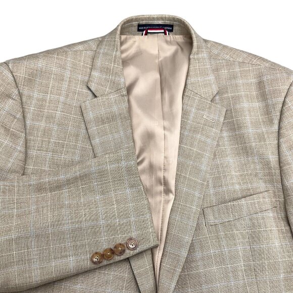 Tommy Hilfiger Blazer Men 44R Brown Blue Plaid Poly Stretch Classic‎ Suit Jacket - Picture 1 of 13
